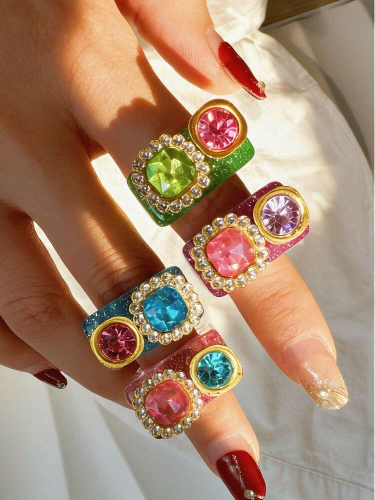 4pcs/Set Luxury Elegant Exaggerated Women's Colorful Macaroon Crystal Resin Rings, Suitable For D... | SHEIN