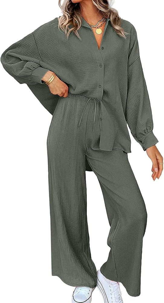 Womens 2 Piece 2023 Fall Clothes Fashion Outfits Two Piece Matching Wide Leg Palazzo Pants Sets T... | Amazon (US)