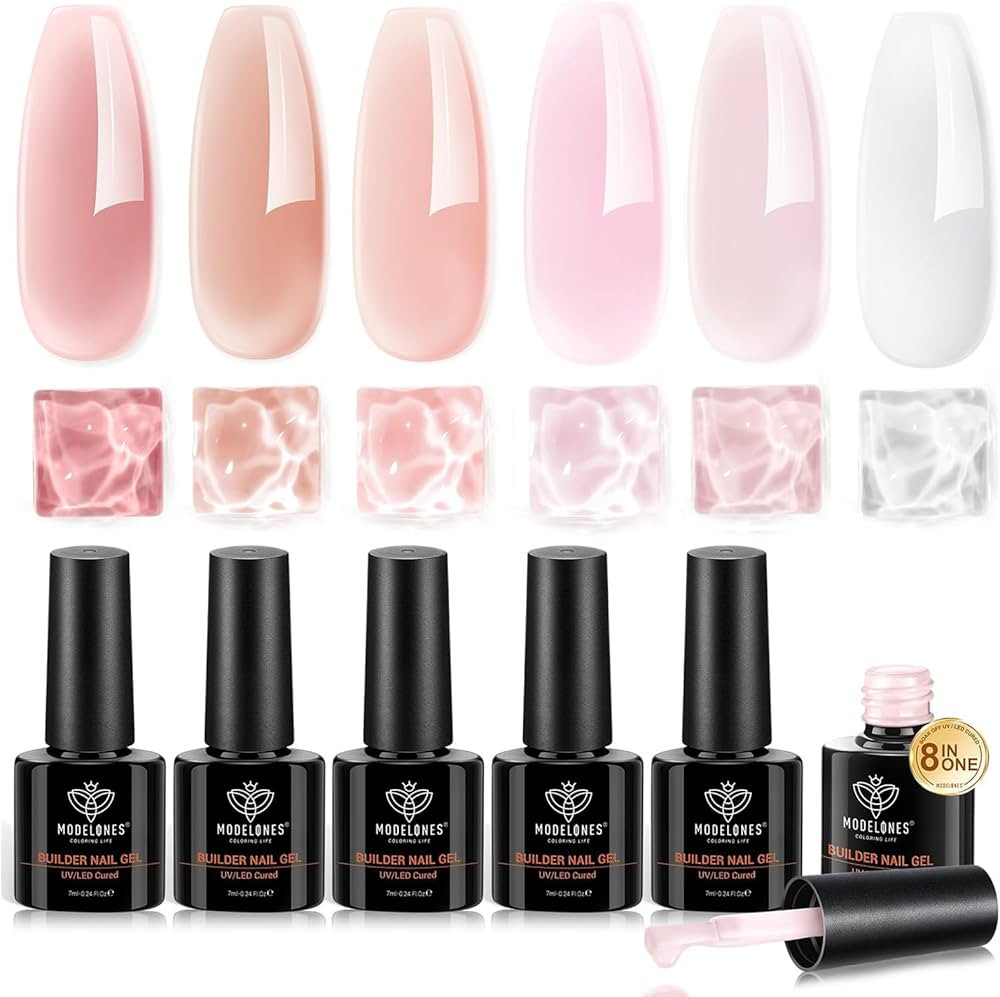 modelones Builder Nail Gel Polish Set, Base Colors Jelly Nude Pink Hard Strengthener Rubber Gel P... | Amazon (US)