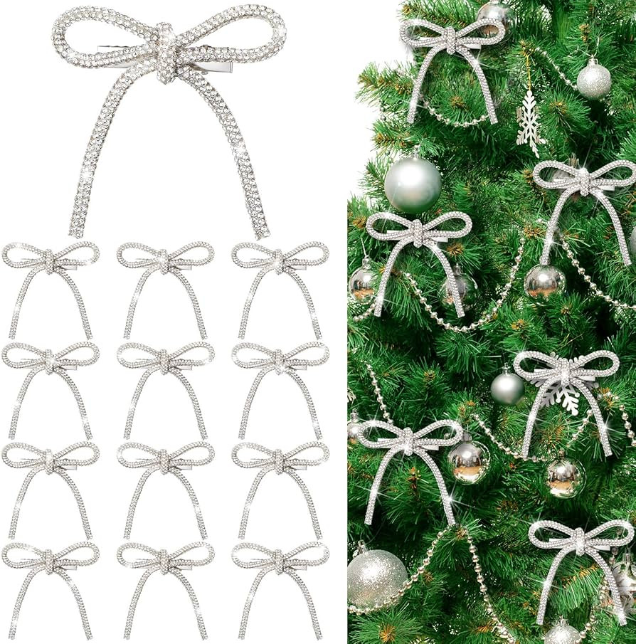 12 Pcs 3.2''x2.8'' Silver Glitter Christmas Bows Ornaments with Clip Metal Shiny Christmas Tree D... | Amazon (US)
