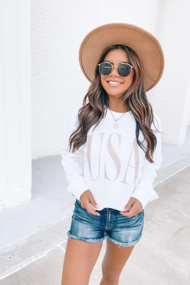 USA Varsity Graphic White Sweatshirt | The Pink Lily Boutique