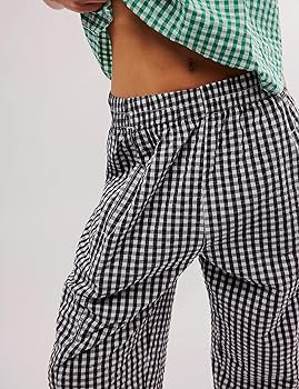 PEHMEA Women's Gingham Pants with Pockets, Wide Leg Pajama Elastic Waist Casual Checkered Long Tr... | Amazon (US)