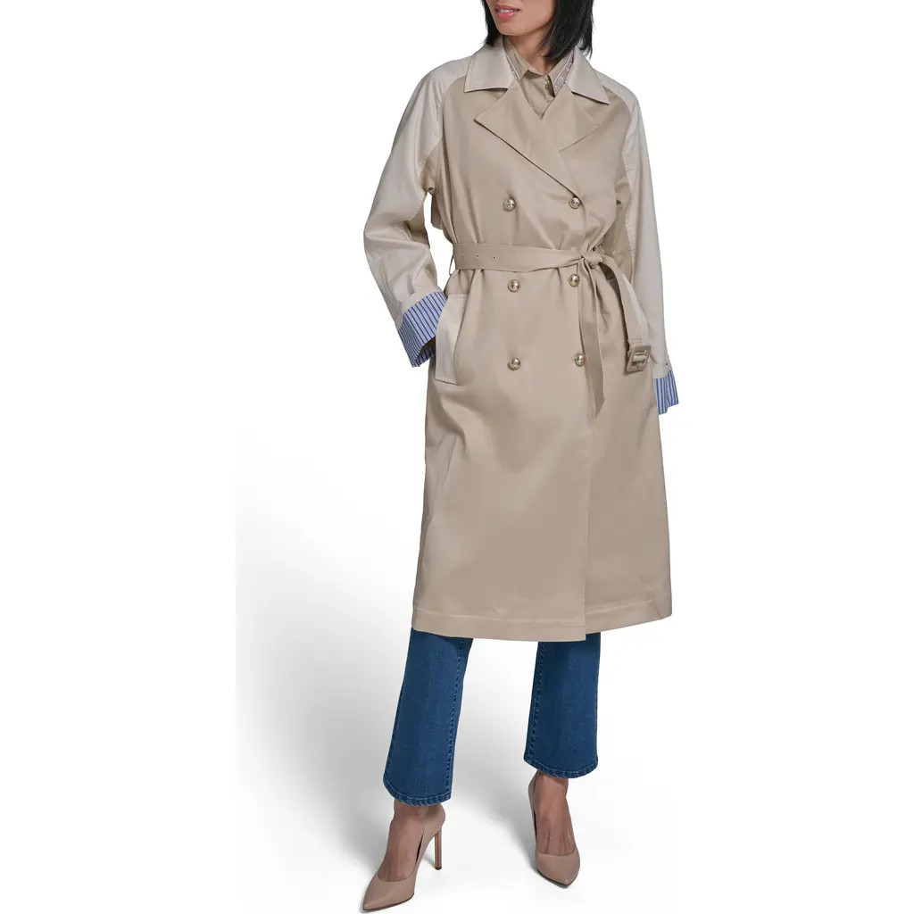 KARL LAGERFELD PARIS Two-Tone Cotton Blend Trench Coat in Bisque at Nordstrom, Size Medium | Nordstrom