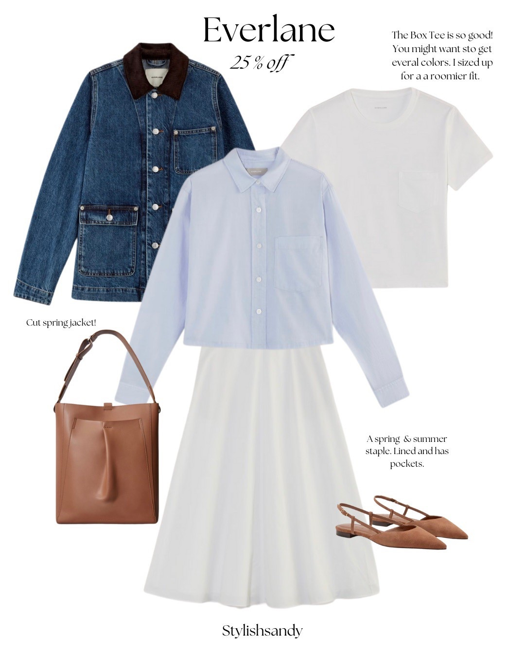 Everlane -25% off sitewide and part of the Ltk spring sale. 

Sizes- xxs-xs in jacket
Small -t-shirt
Xs -button
0-skirt

#LTKOver40 #LTKSpringSale