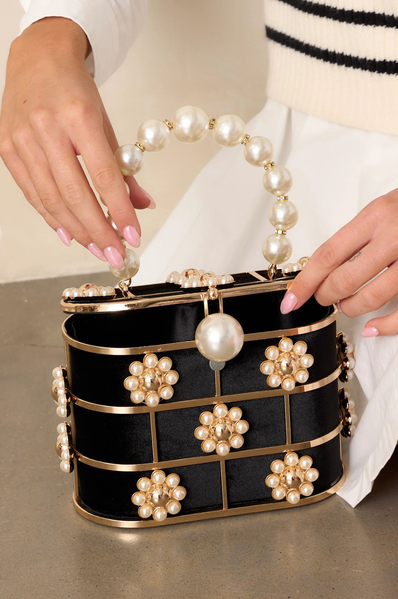 Luxe Adornments Ivory Pearl & Black Embellished Clutch | Red Dress