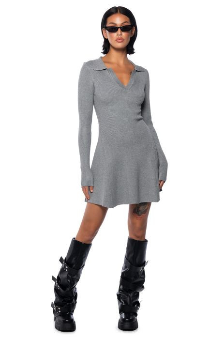 ELLA SWEATER KNIT COLLARED MINI DRESS IN HEATHER GREY | AKIRA