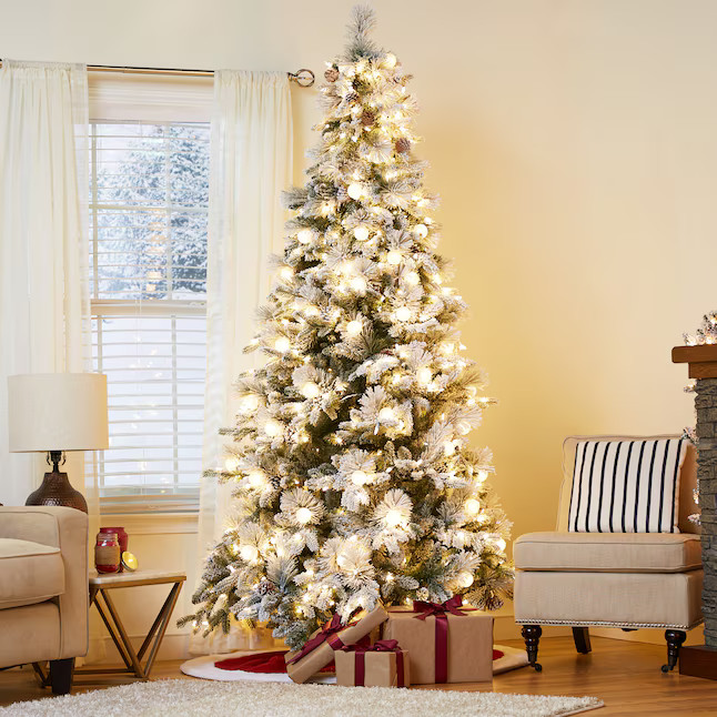 GE 7.5-ft Candlewood pine Pre-lit Flocked Artificial Christmas Tree with Multicolor LED Lights | Lowe's