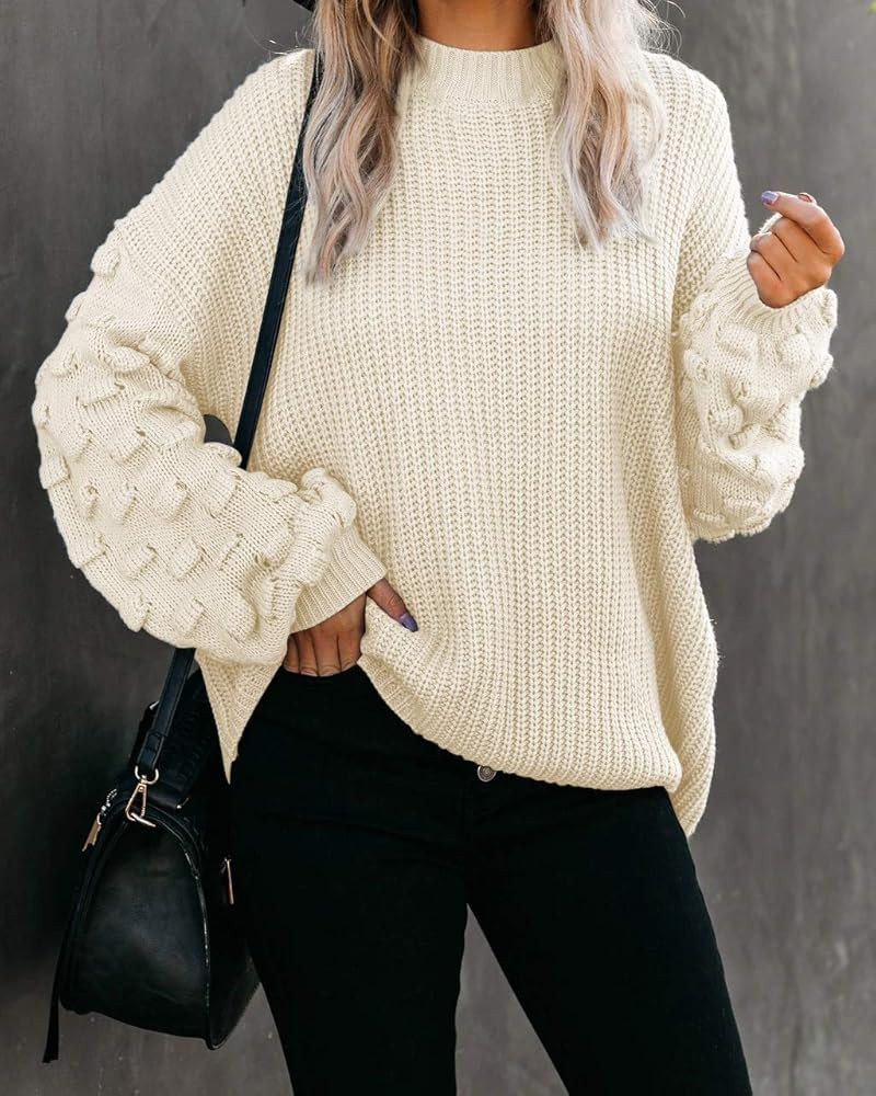 Sovoyontee Women's Cute Oversized Crewneck Loose Puff Sleeves Chunky Knit Pullover Sweater | Amazon (US)