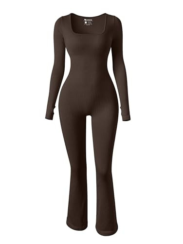 OQQ Women Yoga Jumpsuits Ribbed Exercise Long Sleeve Tops Bell Bottoms Jumpsuits Darkbrown | Amazon (US)