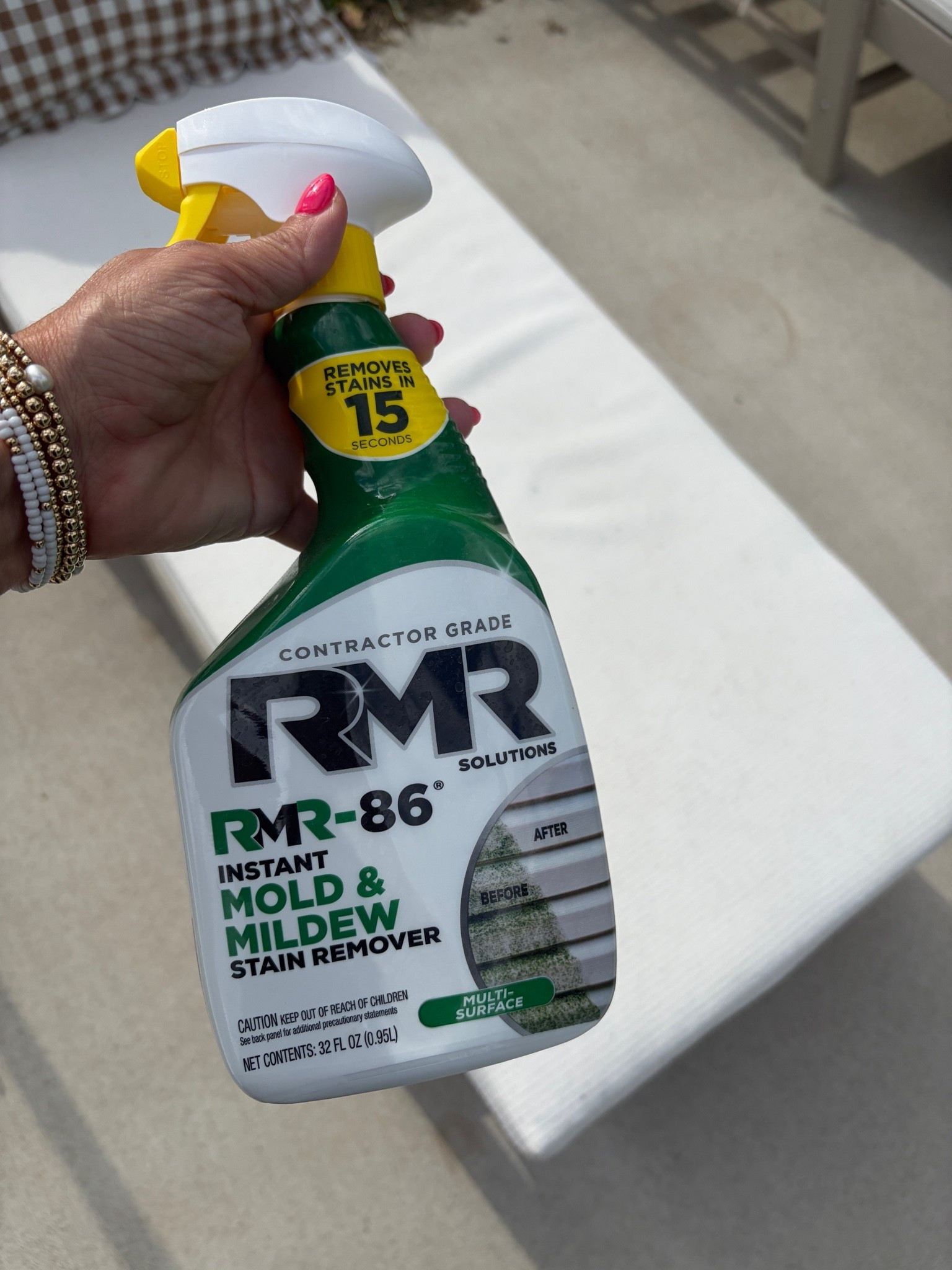 Keeping this on hand all summer. The best spray to get rid of mold and mildew. The only way to keep white cushions white!