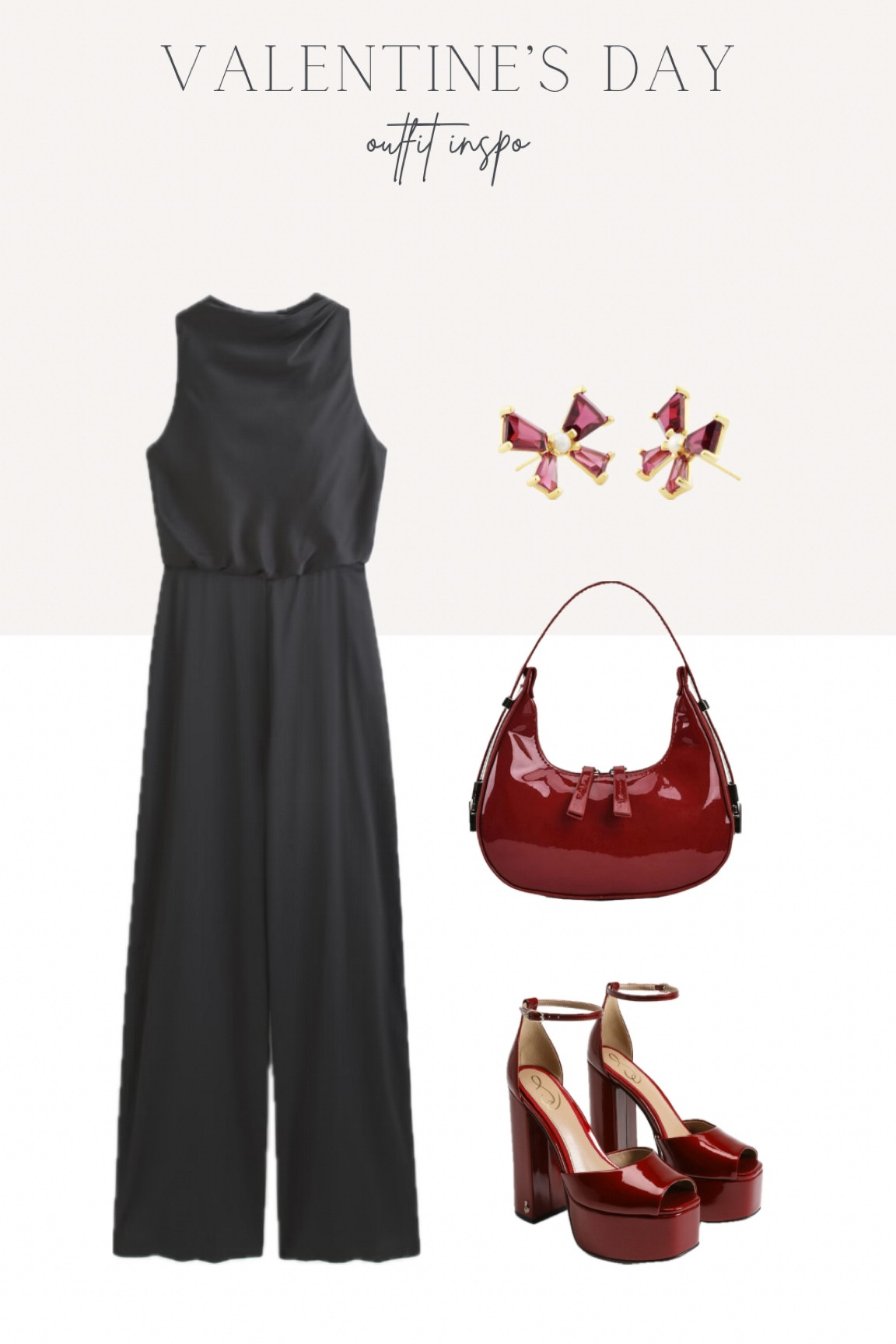 Valentine’s Day outfit idea, black jumpsuit, cherry red outfit inspo 

#LTKstyletip #LTKfindsunder100 #LTKparties