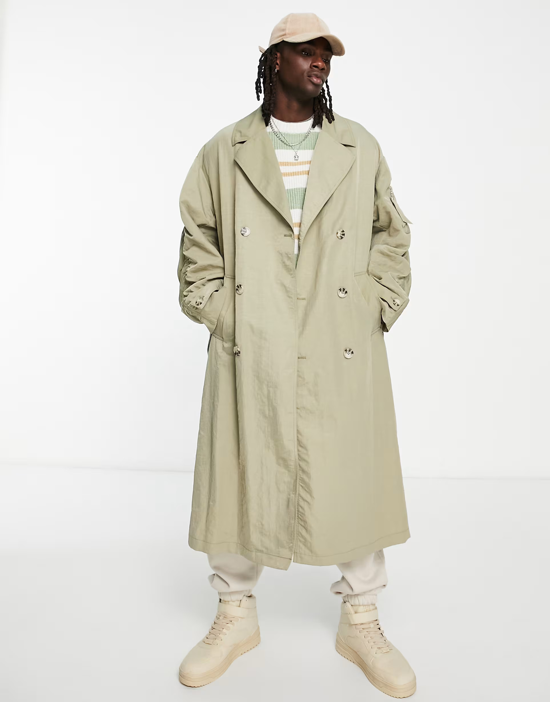 ASOS DESIGN extreme oversized nylon trench coat with MA1 pocket and rouching detail in sage | ASOS (Global)