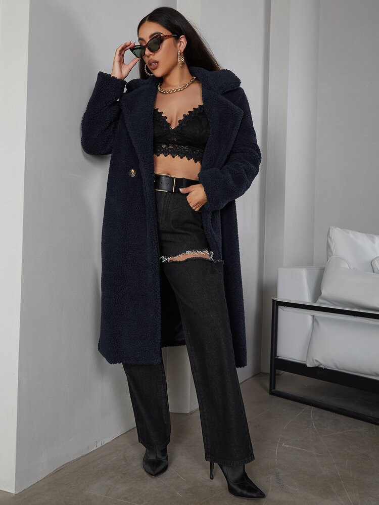 Eilly Bazar Double Breasted Teddy Midi Coat | SHEIN