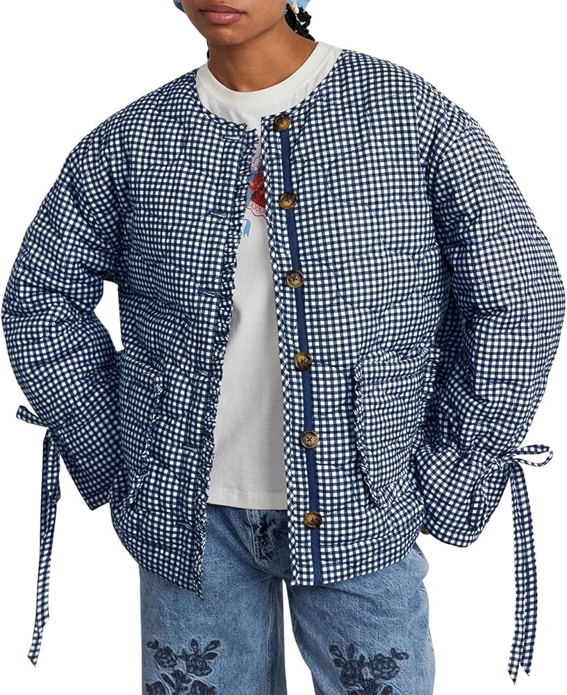 Tankaneo Womens Cropped Quilted Puffer Jackets Lightweight Plaid Button Down Bow Padded Down Coat | Amazon (US)