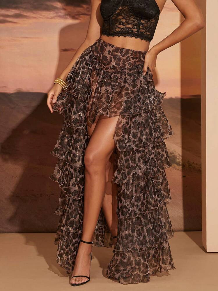 SHEIN Haute Gonna Plissettata A Più Strati Con Volant A Stampa Leopardata, Abbigliamento Casual Da Resort Per Donna | SHEIN