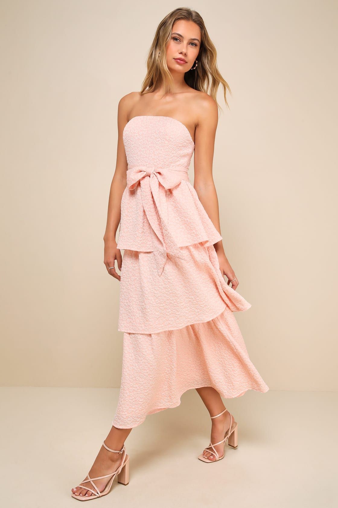Truly Marvelous Blush Pink Jacquard Strapless Tiered Midi Dress | Lulus