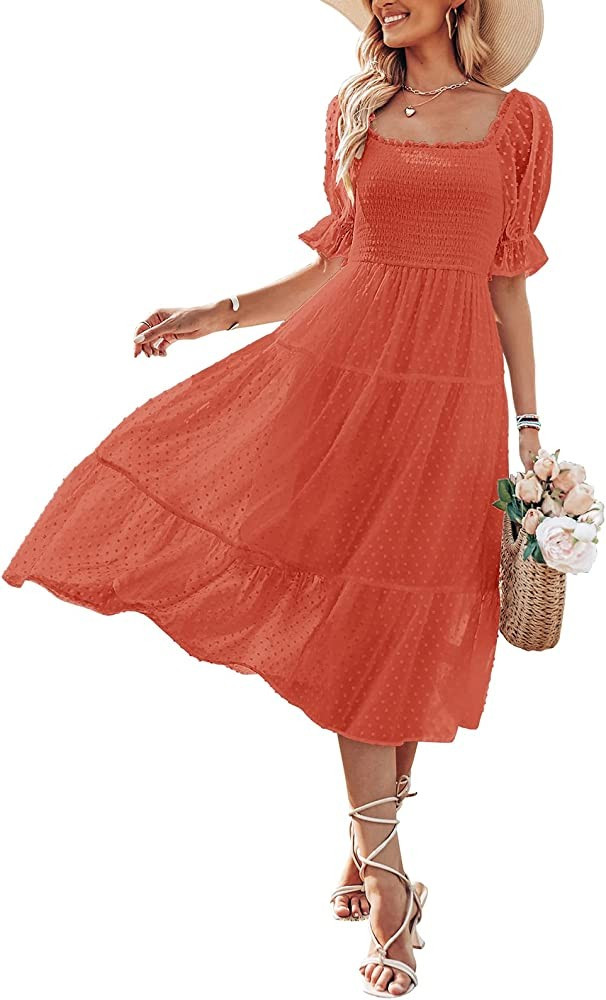 MEROKEETY Women's Summer Square Neck Puff Sleeve Boho Midi Dress Swiss Dot Ruffle Flowy Tie Back ... | Amazon (US)