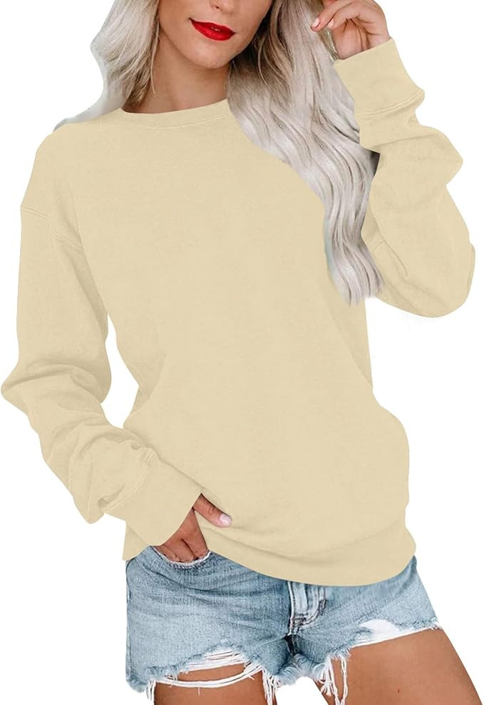 FlekmanArt Womens Tops 2023 Fall and Winter Long Sleeve Outfits Round Neck Solid Color Sweatshirt... | Amazon (US)