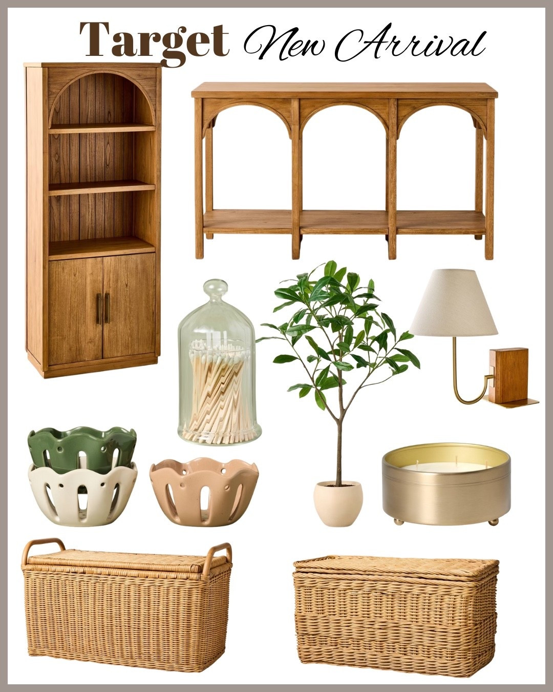 Arch Console Table, Set of 3 Stoneware Wavy Edge Mini Berry Serving Bowls
5 Wick Large Fluted Brass Jar Candle, Glass Cloche Matches , Rattan Basket with Lid, 72" Plumeria Artificial Tree, Arch Bookshelf with Doors, Swivel Accent Table Lamp with Mid Tone Wood Tray , Wood Mid Tone Bookshelf Lamp. 

#LTKHome #LTKFindsUnder50 #LTKSeasonal