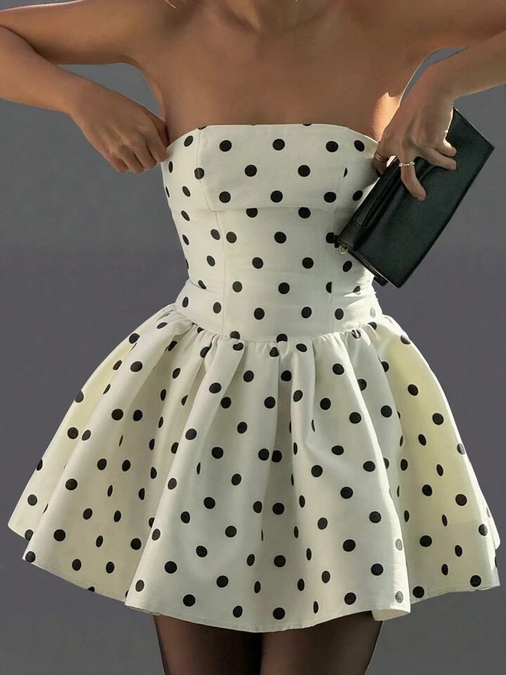White Polka Dot Print Backless Bowknot Waist A-Line Mini Dress, Slimming | SHEIN