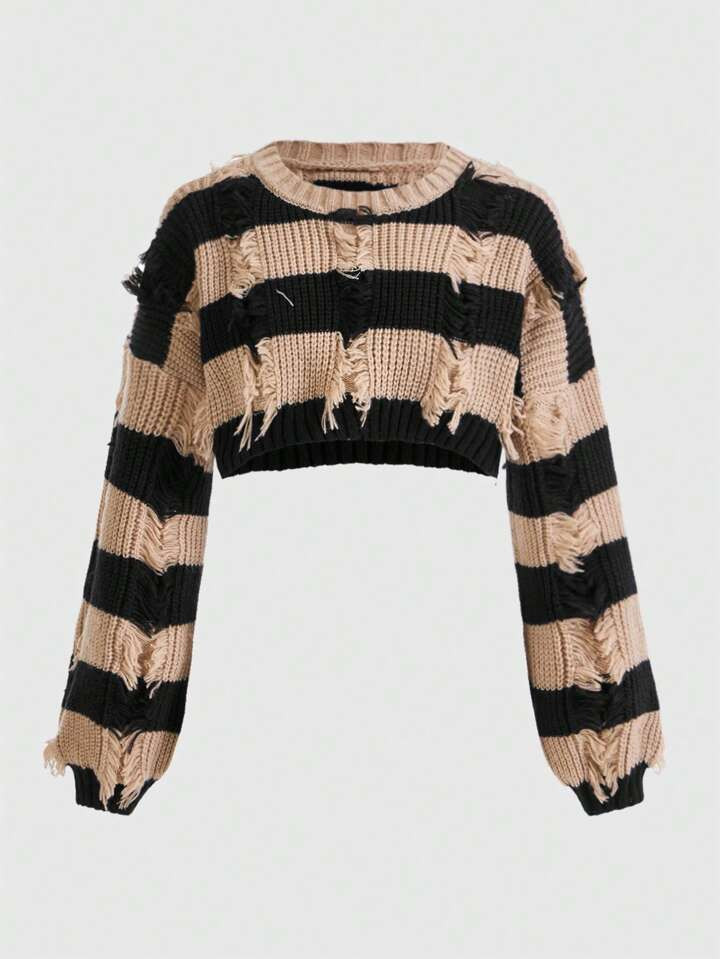 ROMWE Grunge Punk Crop Pullover mit Streifen Muster, Riss, | SHEIN