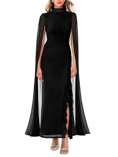 Lrady Women's Wedding Guest Dress Evening Gowns High Neck Formal Cocktail Party Maxi Bodycon Dresses with Cape Sleeve, Black, Small | Amazon (US)