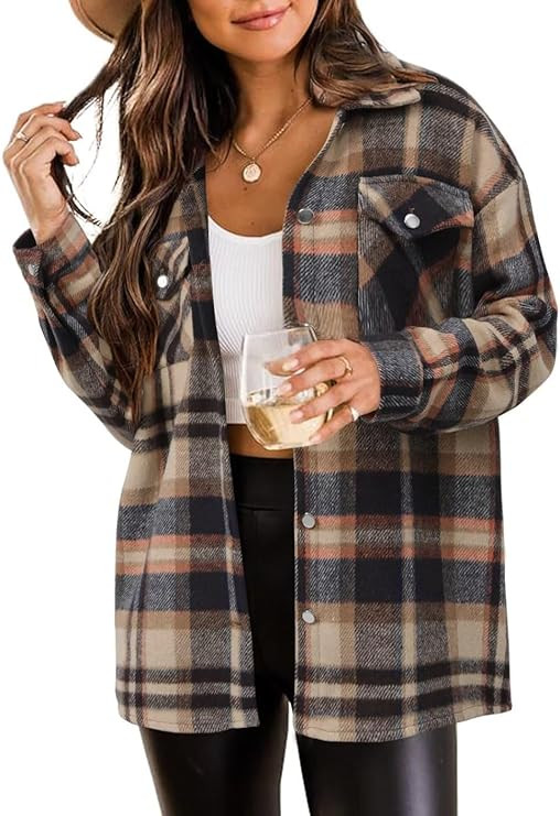 ZOLUCKY Womens Shackets Jacket Plus Size Long Sleeve Button Down Shirts Blouses Tops | Amazon (US)