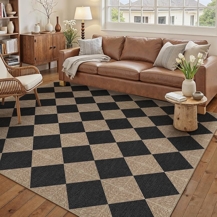 PureCozy 5x7 Checkered Easy Jute Area Rug for Living Room Checkerboard Washable Indoor Outdoor Ca... | Amazon (US)