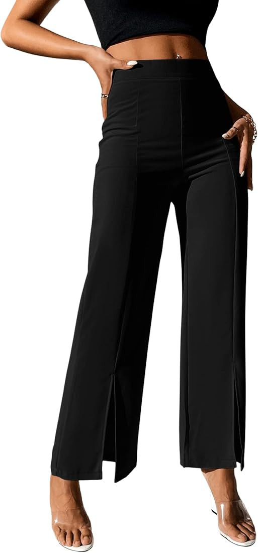 SweatyRocks Women's Elegant High Waisted Split Hem Long Pants Straight Leg Zipper Fly Work Office... | Amazon (US)