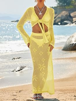 Saodimallsu Womens Crochet Swim Cover Up 2 Piece V Neck Long Sleeve Wrap Tie Crop Tops Beach Boho... | Amazon (US)