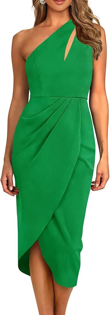PRETTYGARDEN Women's One Shoulder Ruched Bodycon Cutout Slit Wrap Party Cocktail Midi Dress | Amazon (US)