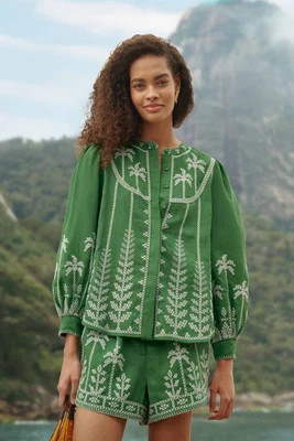 Bicolor Cross Stich Embroidery Blouse Long Sleeve, GREEN / XXS | FarmRio (US)