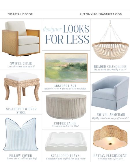 The cutest new coastal decor designer looks for less! Includes a cane swivel chair, bead chandelier, abstract art, scalloped wicker stool, blue upholstered swivel chair, fluted storage coffee table, lacquered scalloped trays, a scalloped rattan flush mount light and a striped outdoor pillow! See even more finds here: https://lifeonvirginiastreet.com/home-decor-looks-for-less-2/
.
#ltkhome #ltksalealert #ltkseasonal #ltkfindsunder100 #ltkfindsunder50 #ltkstyletip #ltkover40 coastal decorating dress, budget decor, neutral decor, grandmillennial decor, coastal grand 

#LTKfindsunder50 #LTKMostLoved #LTKhome