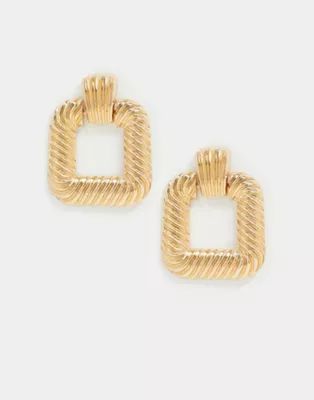 ASOS DESIGN earrings in ribbed open square in gold tone | ASOS (Global)