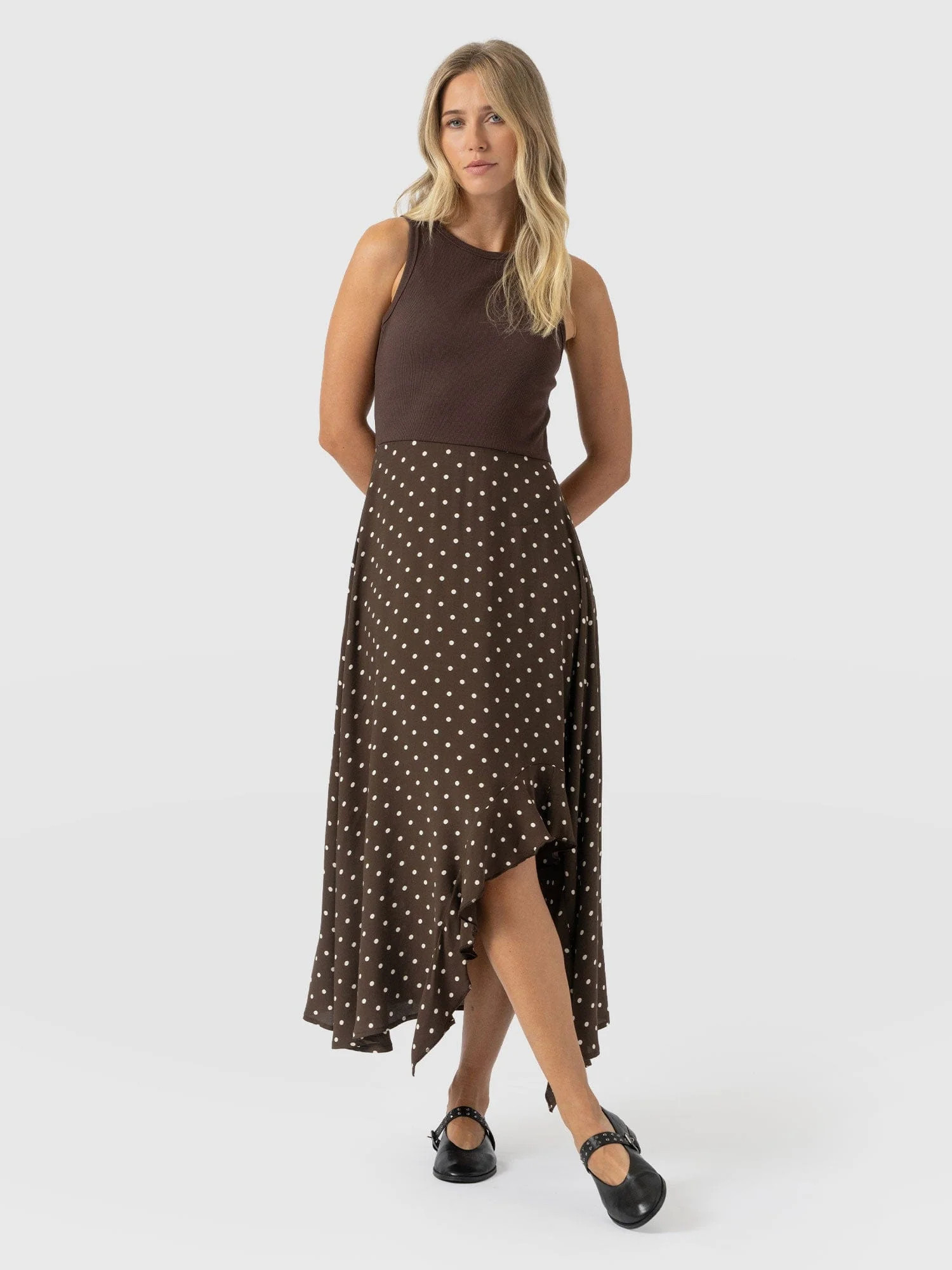 Renee Contrast Frill Dress - Brown Polka Dot | Saint + Sofia