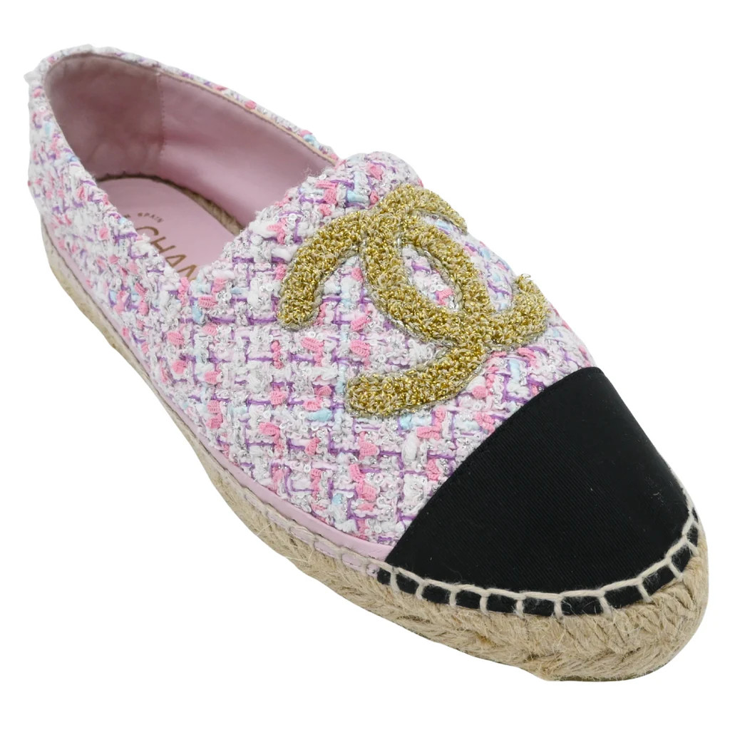 Metallic Gold CC Pink Multicolor Tweed Espadrille Flats 8 / PNK WHI GLD BLK BGE / Used | Clotheshorse Anonymous