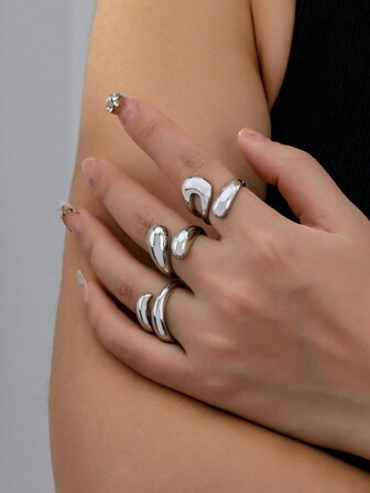 3pcs Personalized Lucky Water Drop Shaped Rings With Zinc Alloy, Anti-Fading Ring Set | SHEIN USA | SHEIN