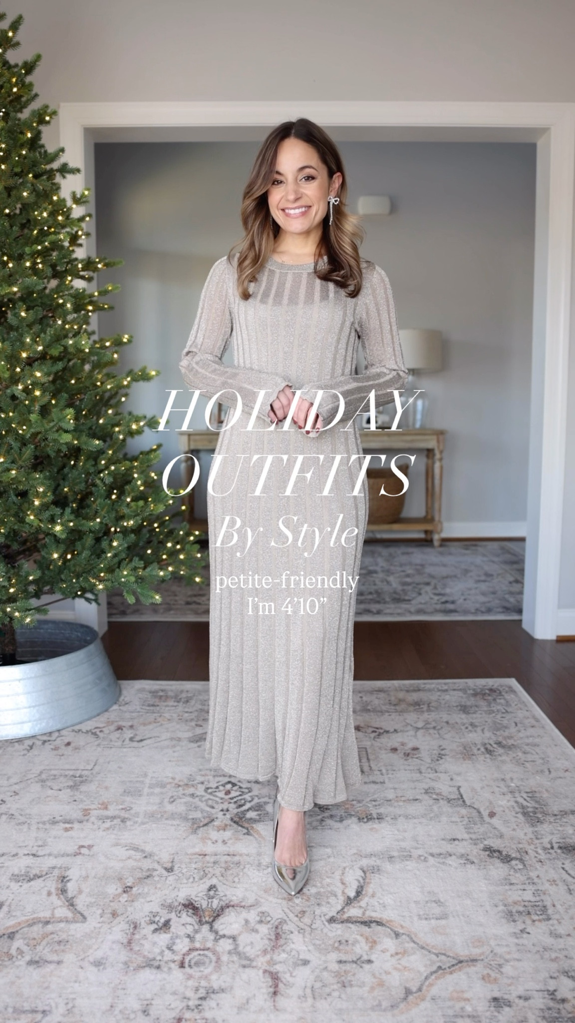 Holiday party outfits by style! 

Glam
Metallic Dress: XXS
Chiara Coat: Petite 00 in Natural 

Classic
Sweater: XXS 
Flare Jeans: Petite 24 in rinse wash (petite 24 has a 29.5” inseam and 10.5” rise)
Toscana Coat: Petite 00 in Dark Moss
Stevie Boots: TTS

Semi-Casual 
Velvet Skirt: Petite 00 - skirt runs short, regular sizing would give more length
Bow Sweater: XXS
Toscana Coat: Petite 00 in Natural 


#LTKHoliday #LTKPetite