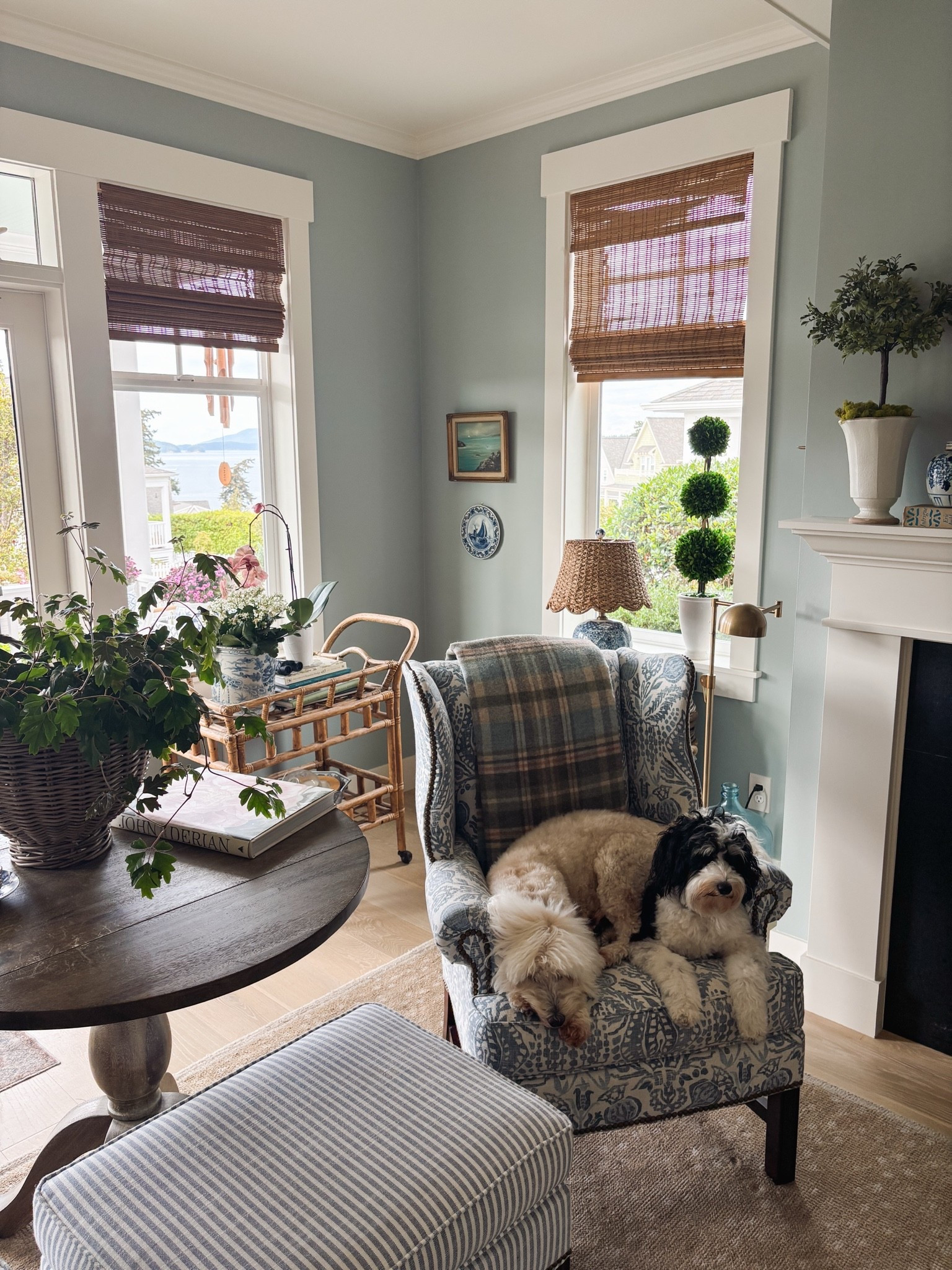 Cozy cottage living room - bamboo shades, wingback chair, blue plaid throw blanket, lampshades, paint colors

#LTKSaleAlert #LTKHome #LTKSeasonal