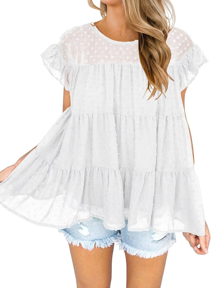 DOROSE Women's Babydoll Tops Swiss Dot Ruffle Sleeve Tiered Flowy Blouses Dressy Casual Summer Sh... | Amazon (US)