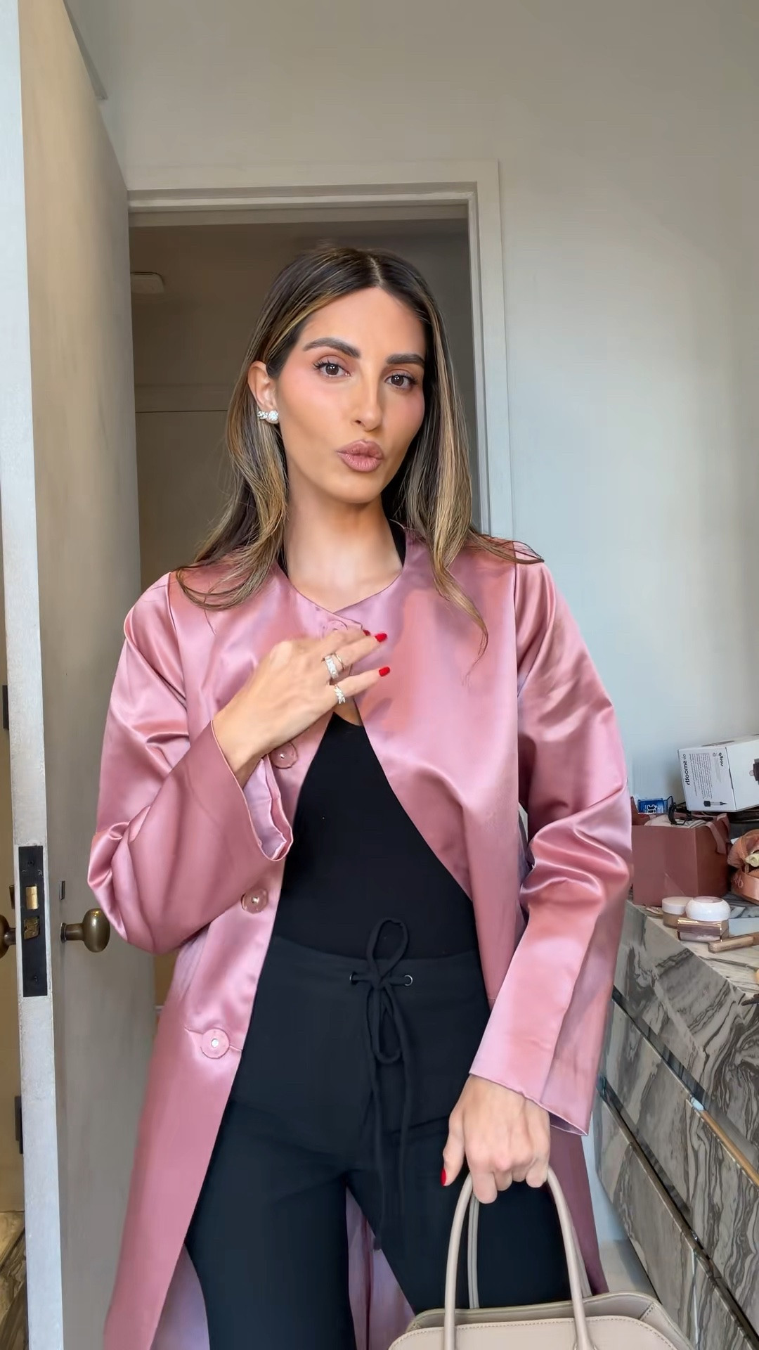 Podcast OOTD! Pink satin jacket for fall
