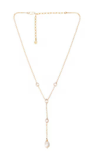 Ettika Dotted Crystal And Pearl Lariat Necklace in Metallic Gold. | Revolve Clothing (Global)