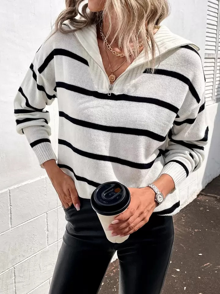 Striped Pattern Drop Shoulder Zip Half Placket Sweater | SHEIN