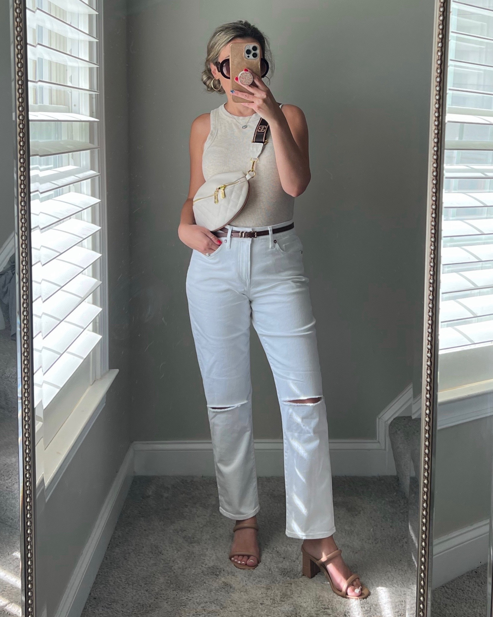 Spring outfit, white denim, ribbed tank, neutral outfit, strappy heels 

#LTKstyletip #LTKSeasonal #LTKshoecrush