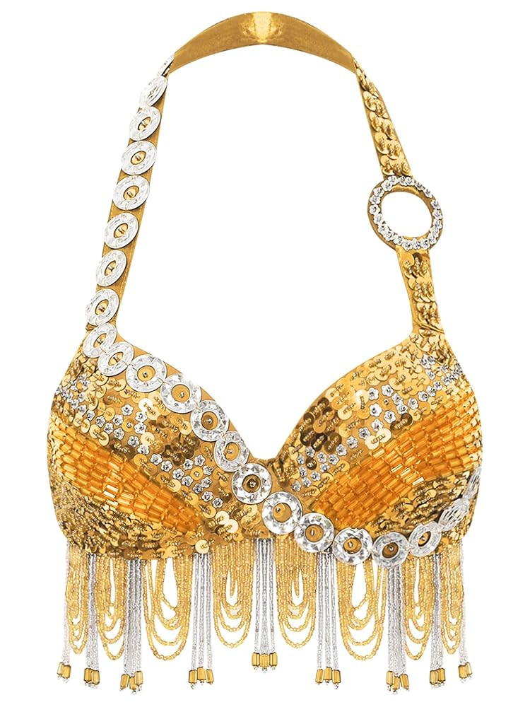 Jelory Women's Belly Dance Bra Top Sparkle Glittering Rhinestone Tassel Bras Adjustable Straps Un... | Amazon (US)