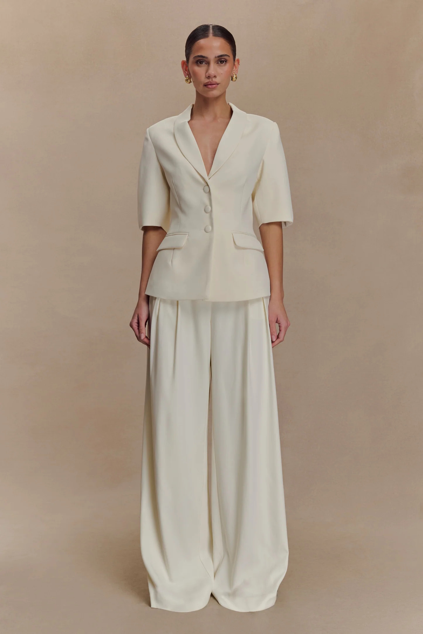 Opal Puff Sleeve Suiting Top - Ivory | MESHKI US