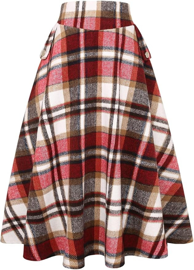 IDEALSANXUN Women’s Fall Winter High Waisted Wool Plaid A-line Long Skirt | Amazon (US)