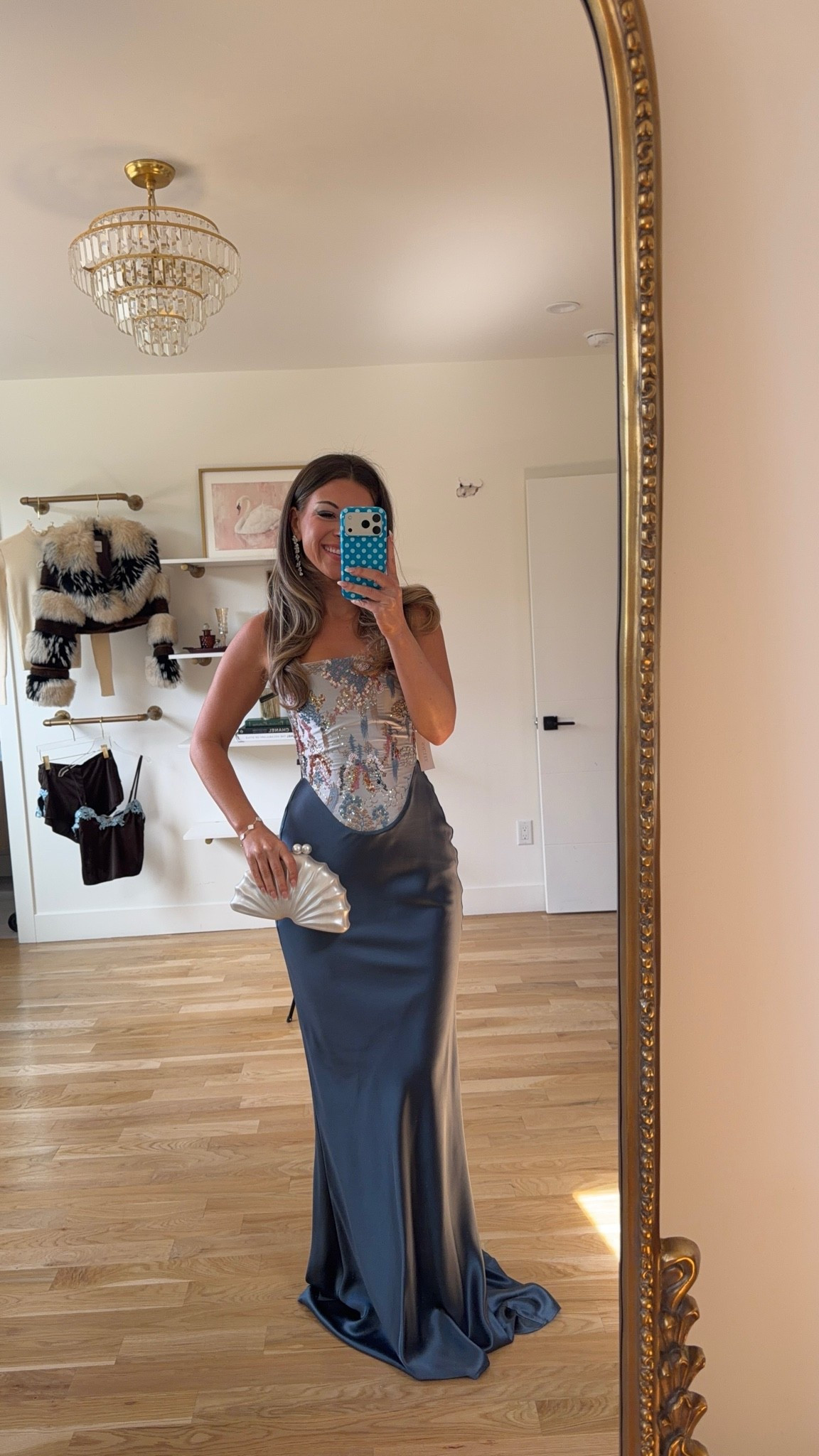 strapless gown with a floral sequin corset bodice and a slate blue satin skirt wedding guest dress for fall and winter 🍂 

revolve code: tulip
electric picks: emerson20 

I'm 5'4 and sized down to xs/0

Fall wedding guest dresses, wedding guest dresses, cocktail dresses, semi-formal dresses, black tie wedding guest dresses, destination wedding guest dresses, garden party dresses, wedding guest outfit ideas