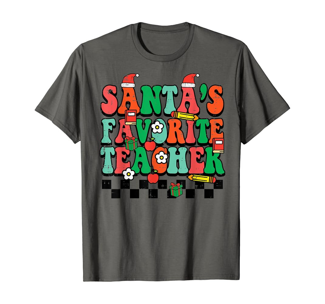 Santas Favorite Teacher Retro Groovy Christmas Xmas Women T-Shirt | Amazon (US)