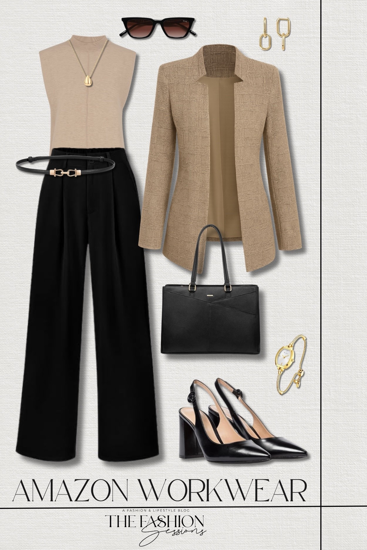 Step into your 9‑to‑5 with confidence in this elevated Amazon workwear look!
tweed blazer jacket | wool blend mockneck sweater vest | wide leg trousers | pointed-toe bleck heel slingback pump | laptop tote bag | pear drop necklace | gold bracelet watch | leather  belt | convertible paperclip earrings | narrow square cat eye sunglasses | work outfit | business chic | business casual | elevated casual | women's workwear

#LTKFindsUnder50 #LTKWorkwear #LTKOver40